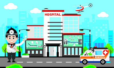 Patient care concept. Vector of doctor team standing on a hospital building, ambulance car background