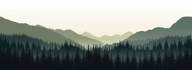 Deurstickers Wit Vector panoramisch landschap met groene silhouetten van bomen en heuvels