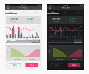 Bitcoin BTC Stock exchange Mobile UI Design Concept. Trendy Mobile UX. Cryptocurrency Technology. Bitcoin Exchange. Financial analytics. Trading Business Application Template. Vector EPS 10
