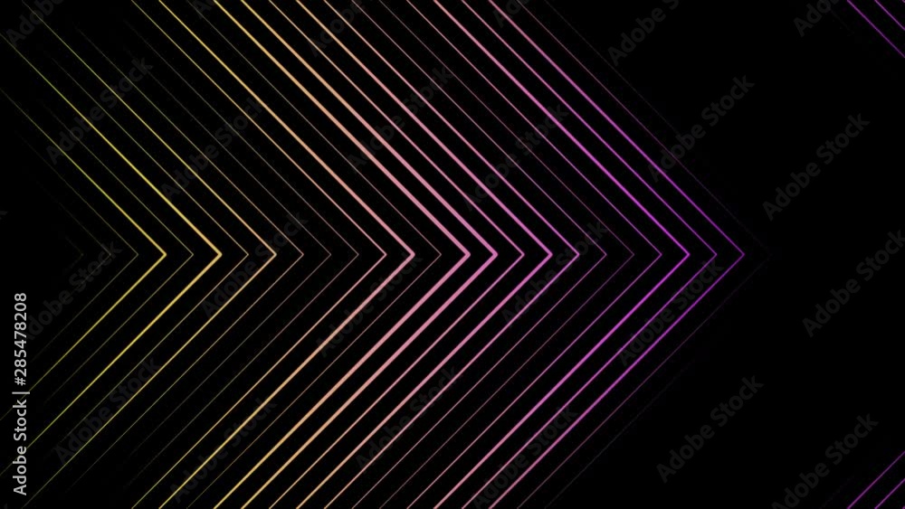 Poster abstract animation of multi-colored pointers consisting of neon triangles moving rightwards on the b