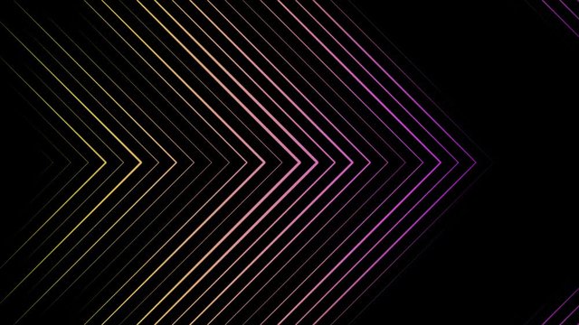 Abstract animation of multi-colored pointers consisting of neon triangles moving rightwards on the black background. Animation. Neon multi-colored geometric shapes and lines