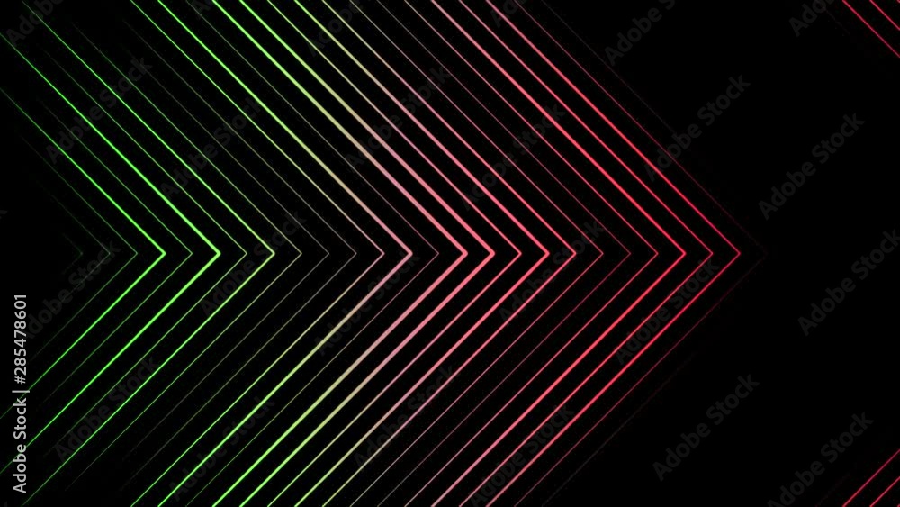 Poster abstract animation of multi-colored pointers consisting of neon triangles moving rightwards on the b