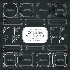 Vector set of decorative calligraphic corners and frames in vintage style on chalkboard background