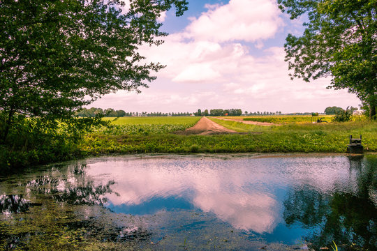 Taking a hike in the watercourseforest in the Netherlands, province Flevoland nearby Marknesse, view over farming land