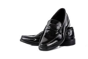 Men fashion black shoe loafer isolated on a white background.  Back view