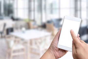 Online order Food shopping concept on touch screen of smart phone. Food delivery service express that is cooked by restaurant. Business and technology with lifestyle in city.