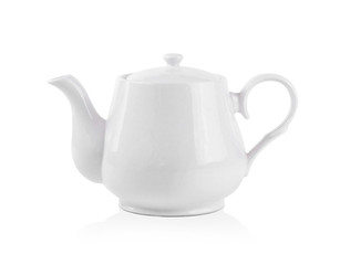 White kettle on white background. Side view of ceramic teapot .