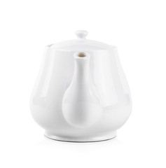 White kettle on white background. Front view of ceramic teapot .