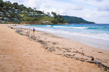 Kata Beach, Phuket, Thailand- 28 JULY 2019 : plastic and waste on the beaches