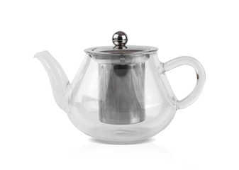 White kettle on white background. Side view of glass teapot .