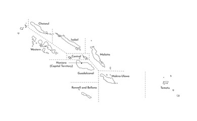Vector isolated illustration of simplified administrative map of Solomon Islands. Borders and names of the provinces (regions). Black line silhouettes