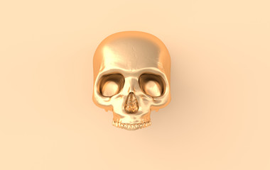 Human scull 3d rendering. Golden death's-head on beige background