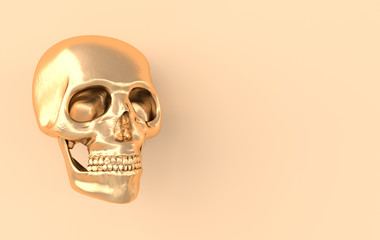 Human scull 3d rendering. Golden death's-head on beige background