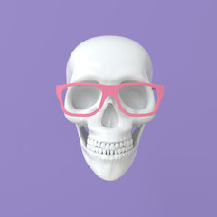 Human scull 3d rendering. White death's-head in pink glasses on purple background
