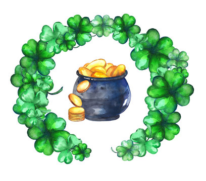 Watercolor illustration with clover wreath and pennies with gold coins on a white background. Postcard design for St. Patrick's Day. Several gold coins in the fall. Four leaf clover.