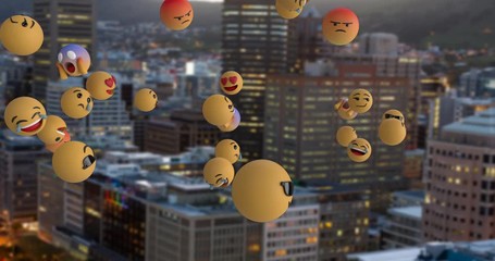 Emoji icons flying over cityscape 4k - Powered by Adobe
