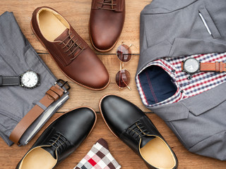 Men fashion casual clothing set and accessories isolated on wooden background include derby shoes,...