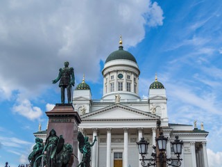 Beautiful statue at Senate Square in front of Helsinki Cathedral in Finland