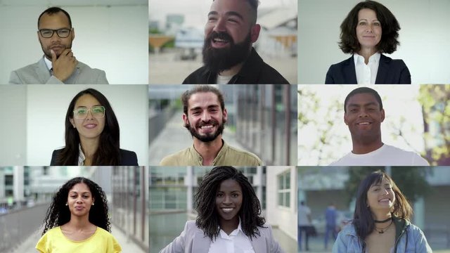 Group of smiling multiethnic people looking at camera. Multiscreen montage, split screen collage. Ethnicity variation concept