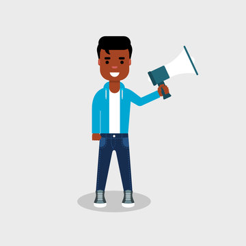  Young African American standing with a megaphone in his hand. Make an announcement. Advertising something. Talk through a loud speaker. Transmit a message to a crowd. Vector illustration flat style