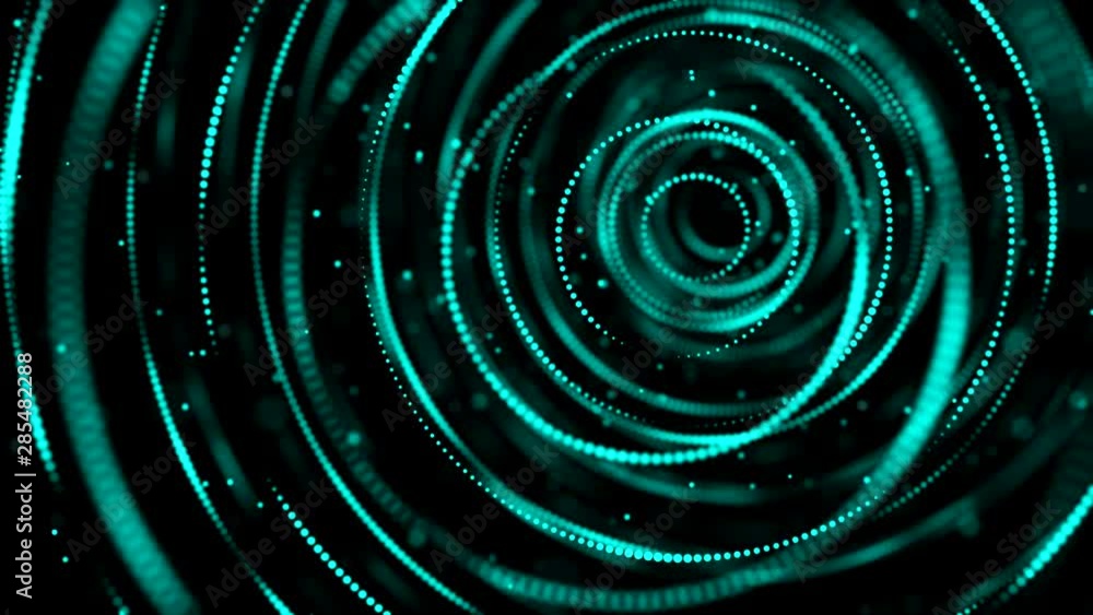 Poster abstract animation of neon lines rotating in beautiful neon tunnel and floating particles on the bla
