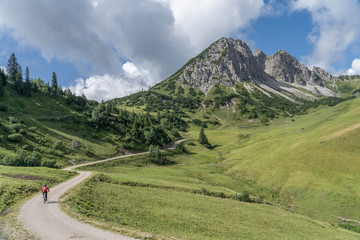 Fototapeta premium nice and active senior woman, riding her e-mountain bike in the Tannheim valley on the trail up to Litnis Schrofen , Tirol, Austria, 