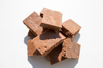 Chocolate slices on a white background