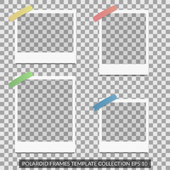 Realistic polaroid frames mockup. Picture frame with blank photo isolated templates on transparet background, frame templates different size views. Vector polaroid photo frame concept