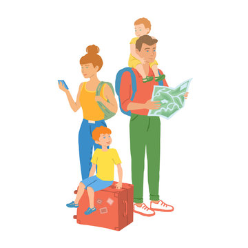 A family of tourists travels with suitcases. parents and children on vacation. vector hand drawn isolated illustration.
