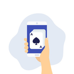 online casino, poker, phone in hand, vector