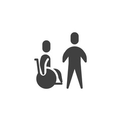 Man transporting disabled patient vector icon. filled flat sign for mobile concept and web design. Person sitting in the wheelchair glyph icon. Symbol, logo illustration. Vector graphics