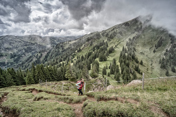 senior woman hiking in autumnal atmosphere on the ridge of the Nagelfluh chain near Oberstaufen, Allgaeu area, Bavaria, Germany
