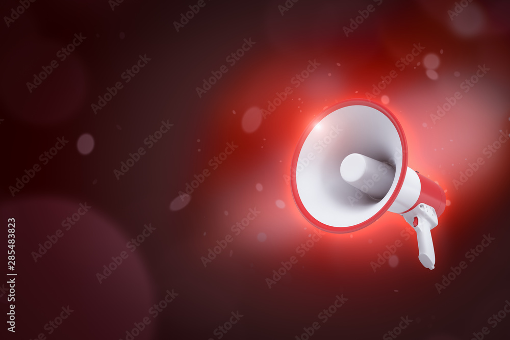 Poster 3d rendering of red and white megaphone on crimson bokeh background with copy space.