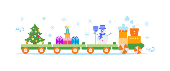 Train carries Christmas tree, snowman, gifts.