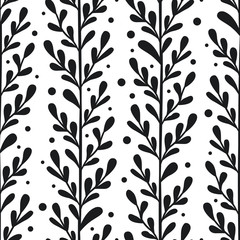 Vector floral seamless pattern with black vertical branches and leaves. Stylish texture for fabric, wallpaper, textile, web design. - 285484038