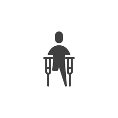 Disabled man with crutches vector icon. filled flat sign for mobile concept and web design. Man invalid without leg glyph icon. Symbol, logo illustration. Vector graphics