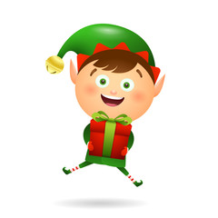 Joyful Xmas elf holding gift. Giving gifts, presents, box. Christmas concept. Realistic vector illustration can be used for topics like New Year discount, presents wrapping, sale