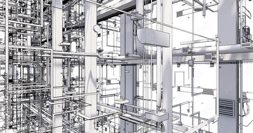 Poster bim model conceptual visualization of the utilities of the building
