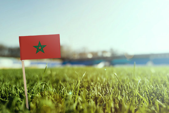 Miniature stick Morocco flag on green grass, close up sunny field. Stadium background, copy space for text.