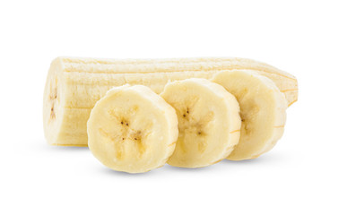 Peeled banana slices isolated on white background. full depth of field