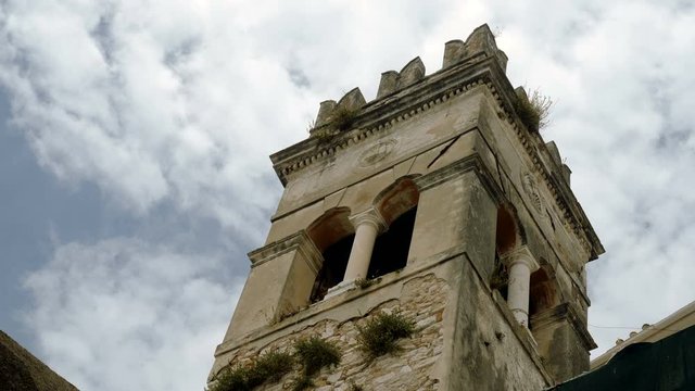 Top of an ancient tower against the blue sky. Corfu. Greece. 4K