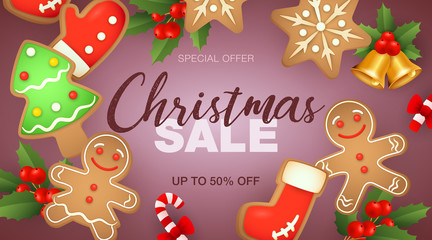 Fototapeta na wymiar Christmas Sale lettering and gingerbread cookies. Christmas sale advertising design. Handwritten and typed text, calligraphy. For leaflets, brochures, invitations, posters or banners.