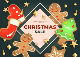 Christmas Sale lettering in frame and gingerbread cookies. Christmas sale advertising design. Typed text, calligraphy. For leaflets, brochures, invitations, posters or banners.