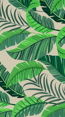 Seamless colorful tropical leaves pattern style on light brown background, linear flat line vector illustration.