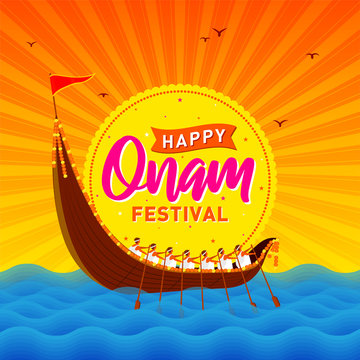 Festival of South India, Happy Onam Banner, Logo design, Sticker, Concept, Greeting Card, Template, Icon, Poster, Unit, Label, Web, Mnemonic with rays and Snakeboat race, Vallamkali team background.