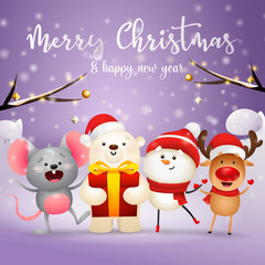Merry Christmas lettering, mouse, polar bear, snowman, reindeer. Christmas greeting card. Handwritten text, calligraphy. For leaflets, brochures, invitations, posters or banners.