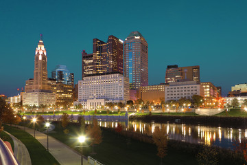 Columbus, Ohio city center at twilight