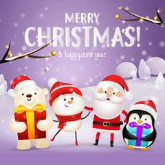 Fototapeta na wymiar Merry Christmas lettering, Santa Claus, polar bear, snowman. Christmas greeting card. Typed text, calligraphy. For leaflets, brochures, invitations, posters or banners.