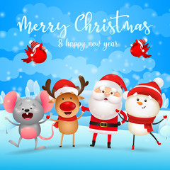 Merry Christmas lettering, Santa Claus, reindeer, snowman, mouse. Christmas greeting card. Handwritten and typed text, calligraphy. For leaflets, brochures, invitations, posters or banners.