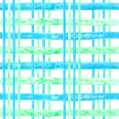 Watercolor turquoise and green square seamless pattern on white background. Overlapping colorful horizontal and vertical lines.